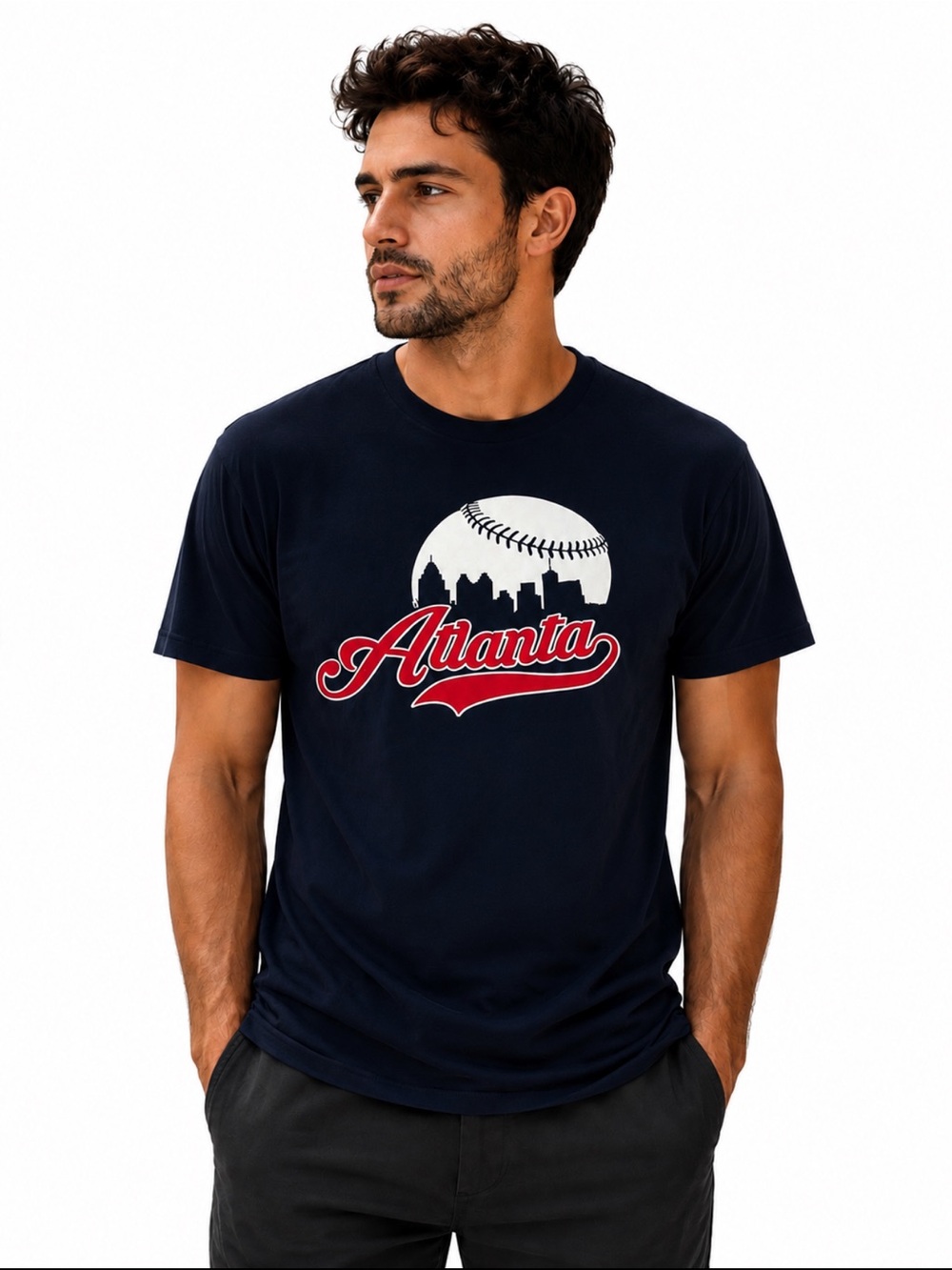 Gildan Heavy Cotton Atlanta Baseball Graphic Tee Navy Blue Mens Size Large - Picture 1 of 5